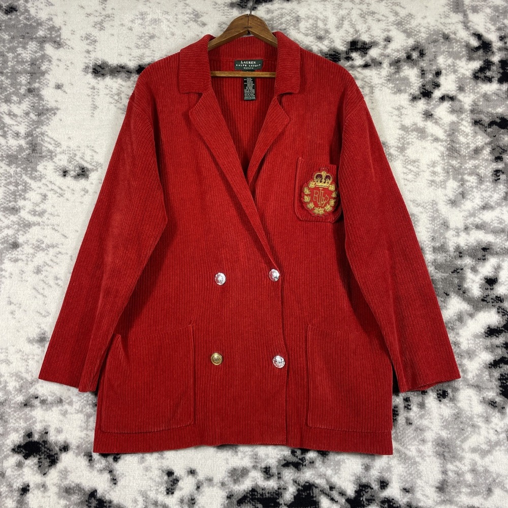 Lauren‎ Ralph Lauren Jacket Blazer Womens Size PM Red Textured Crest Pockets